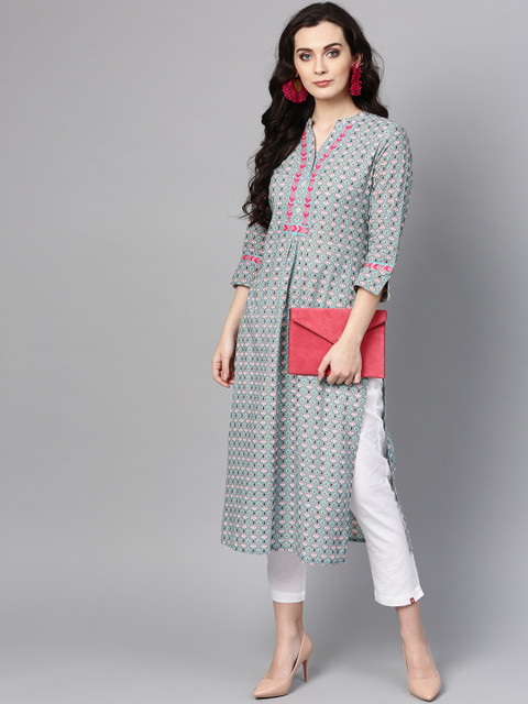 

Varanga Women Sea Green & Off-White Printed Straight Kurta