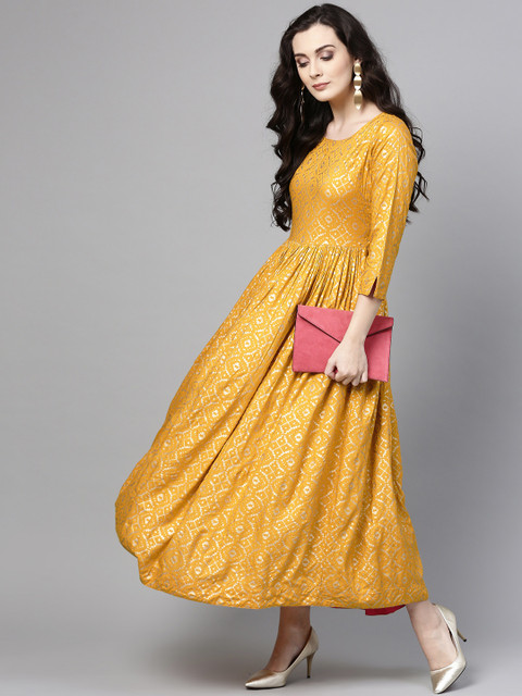 

Varanga Women Mustard Yellow & Golden Printed Maxi Dress