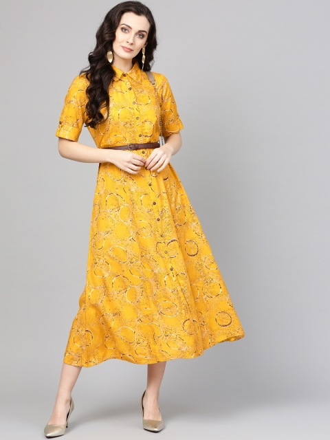 

Varanga Women Mustard Yellow Printed A-Line Dress