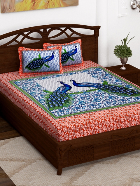 

Story@home Orange Graphic Flat 152 TC Cotton Queen Bedsheet with 2 Pillow Covers