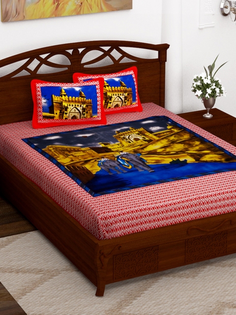 

Story@home Red Graphic Flat 152 TC Cotton Queen Bedsheet with 2 Pillow Covers