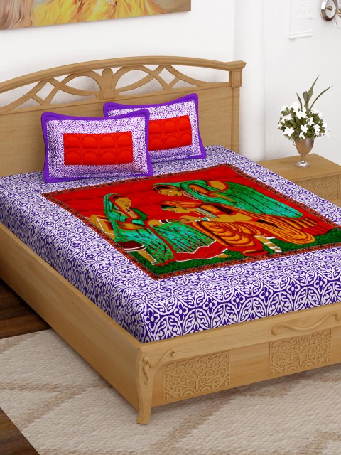 

Story@home Purple Graphic Flat 152 TC Cotton Queen Bedsheet with 2 Pillow Covers
