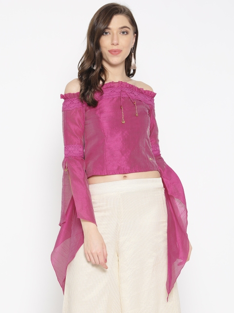 

Ira Soleil Women Pink Solid Cropped Bardot Top with Lace Detail