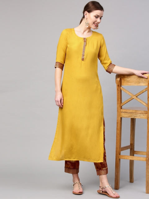 

GERUA Women Mustard Yellow & Rust Brown Solid Kurta with Trousers