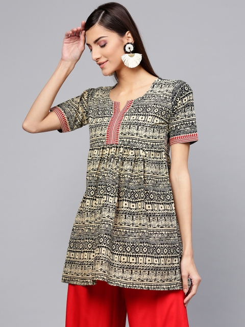 

GERUA Beige & Black Printed A-Line Kurti
