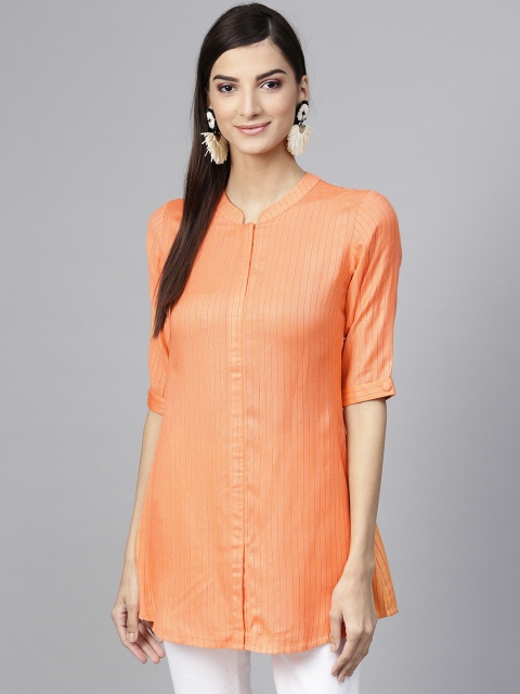 

GERUA Women Coral Orange Self-Striped A-Line Kurti
