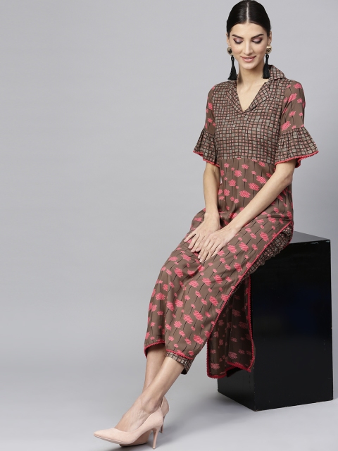 

GERUA Women Olive Brown & Pink Printed Kurta with Trousers