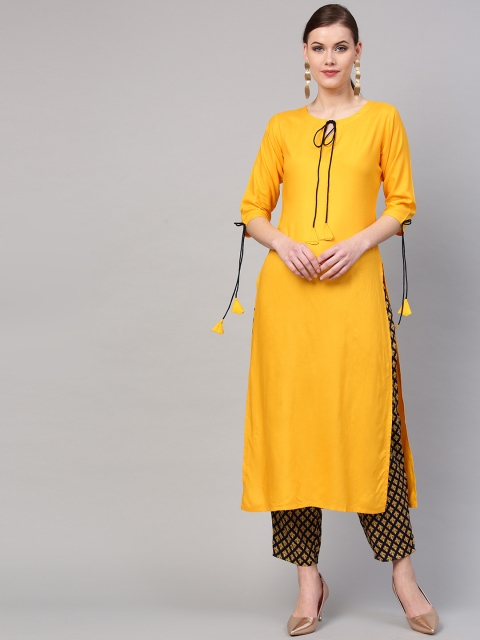 

GERUA Women Yellow & Navy Blue Solid Kurta with Trousers