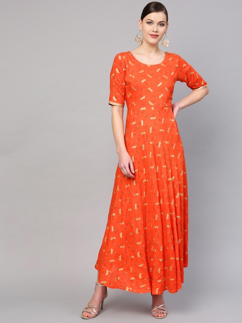 

GERUA Women Orange & Golden Printed Maxi Dress