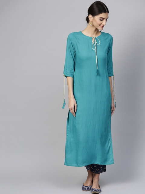 

GERUA Women Green & Navy Blue Solid Kurta with Trousers