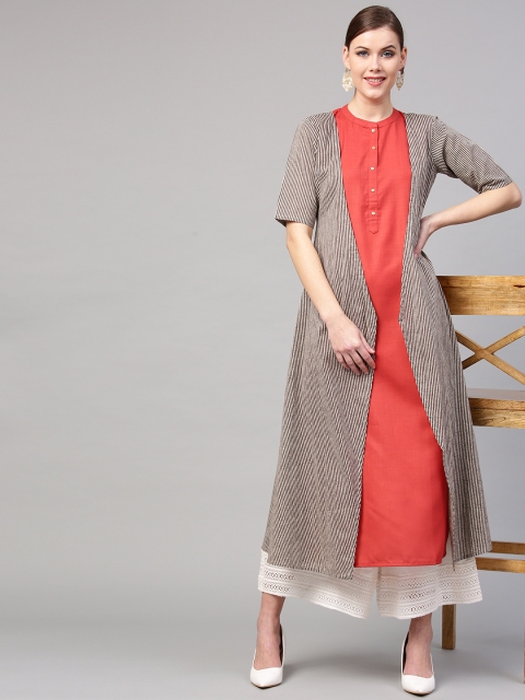 

GERUA Women Rust Red & Beige Solid Straight Kurta With Ethnic Jacket