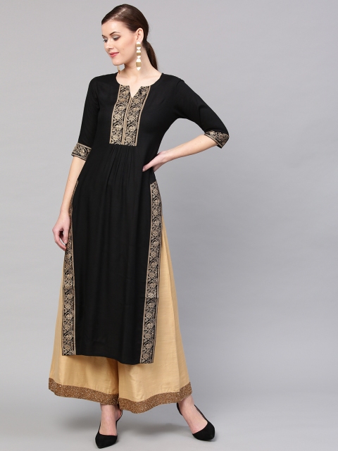 

GERUA Women Black & Gold Solid Straight Kurta
