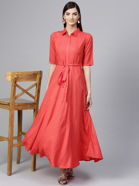 

GERUA Women Coral Red Self Design Maxi Dress
