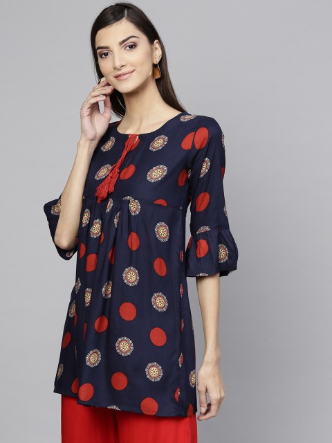 

GERUA Women Navy & Red Printed A-Line Kurti, Navy blue