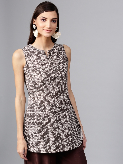 

GERUA Women Taupe & Off-White Printed Pure Cotton A-Line Pure Cotton Kurti