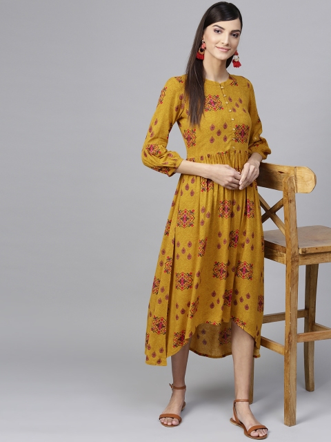 

GERUA Women Mustard Yellow & Pink Printed A-Line Dress