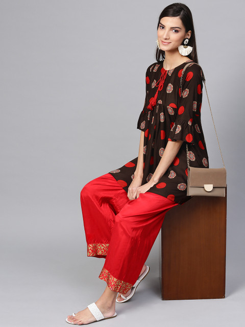 

GERUA Women Brown & Red Printed A-Line Kurti