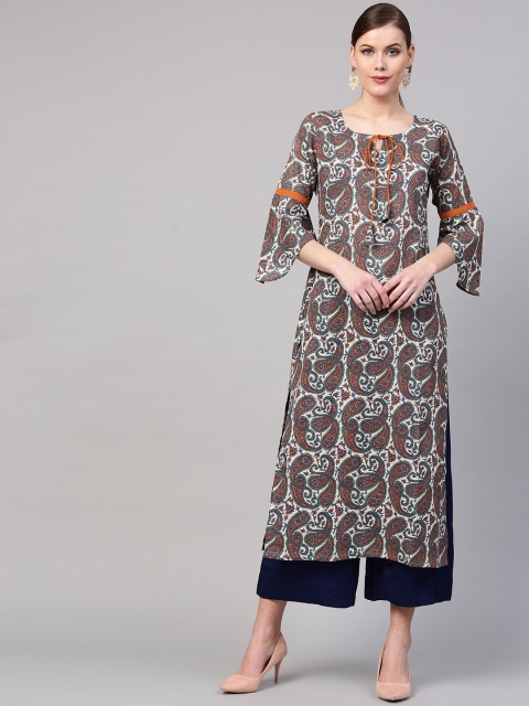 

GERUA Women Off-White & Olive Green Printed Straight Kurta