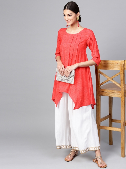 

GERUA Women Coral Red Printed A-Line Kurti