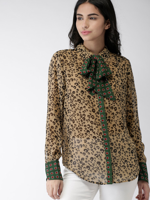 

Scotch & Soda Women Brown & Black Regular Fit Semi-Sheer Printed Casual Shirt