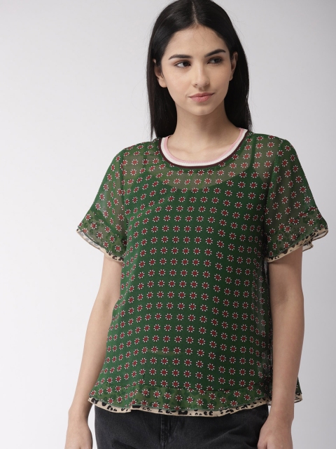 

Scotch & Soda Women Green Floral Print Semi-Sheer Top