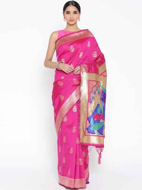 

Satrani Women Pink & Golden Woven Design Paithani Saree