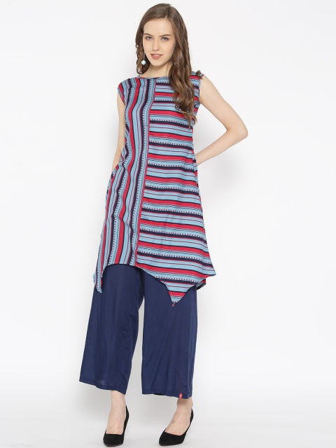 

Satrani Women Blue & Red Asymmetric Striped A-Line Kurta