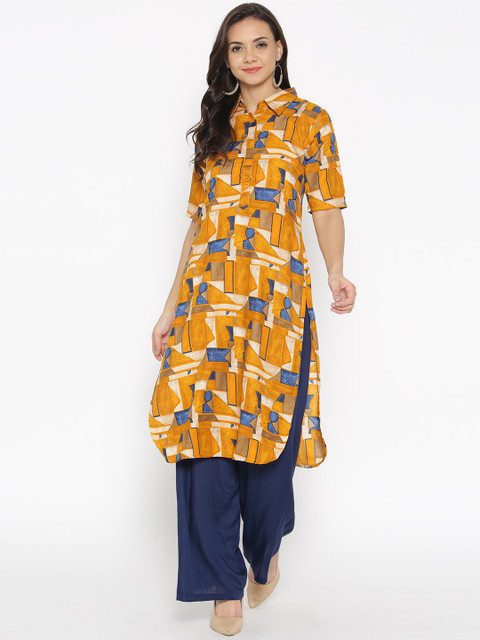 

Satrani Women Mustard Yellow & Blue Printed Pathani Kurta