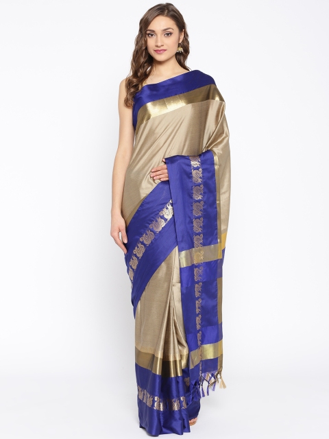 

Satrani Beige & Blue Solid Kanjeevaram Saree