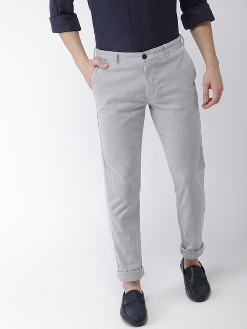 

Indian Terrain Men Blue & White Brooklyn Slim Fit Striped Regular Smart Casual Trousers