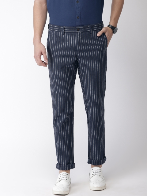

Indian Terrain Men Navy Blue & White Brooklyn Slim Fit Striped Regular Trousers