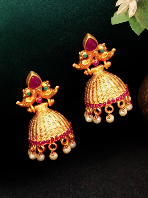 

Rubans Gold-Toned & Red Handcrafted Classic Jhumkas