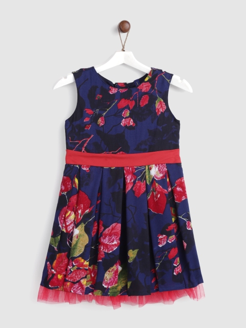

YK Girls Navy & Red Floral Print Pleated Party Dress, Navy blue
