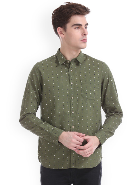 

Flying Machine Men Olive Green Regular Fit Printed Casual Shirt
