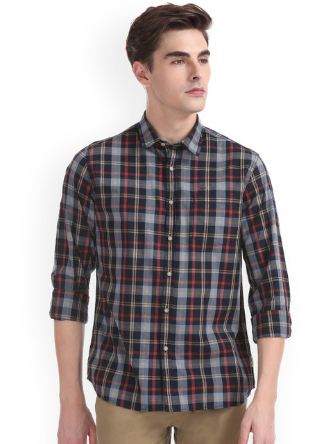 

Flying Machine Men Navy Blue Regular Fit Checked Casual Shirt