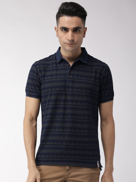 

Indian Terrain Men Navy Blue & Grey Printed Polo T-shirt