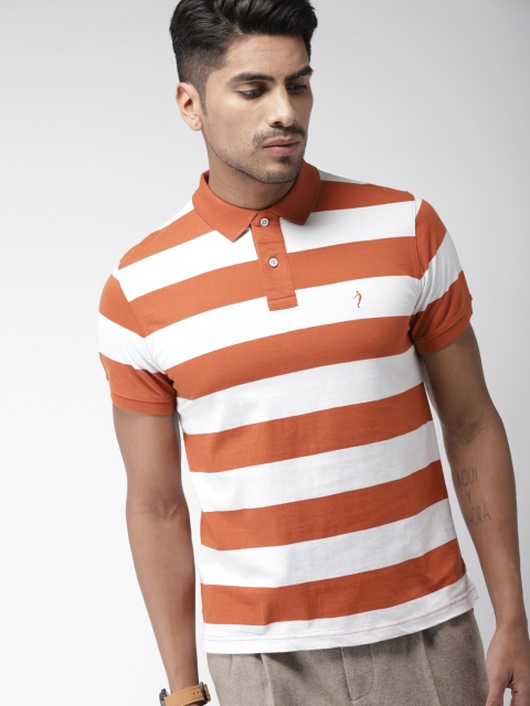 

Indian Terrain Men Rust Red White Striped Polo Collar Pure Cotton T-shirt