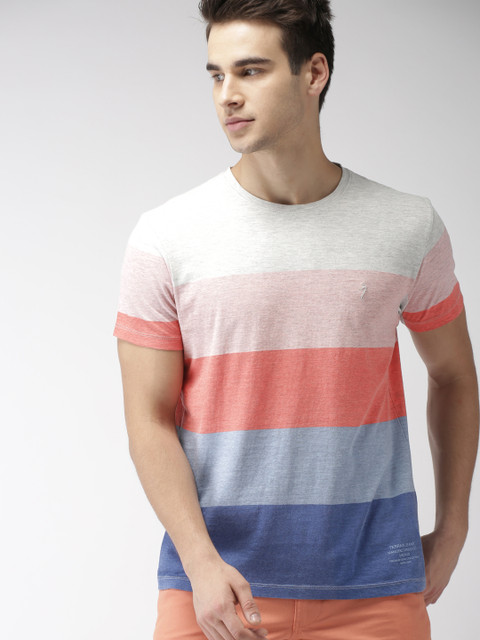 

Indian Terrain Men Blue & Peach-coloured Colourblocked Round Neck T-shirt