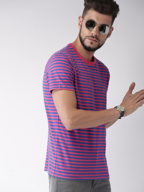 

Indian Terrain Men Pink & Blue Striped Round Neck T-shirt