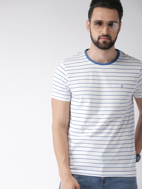 

Indian Terrain Men White & Blue Striped Round Neck T-shirt