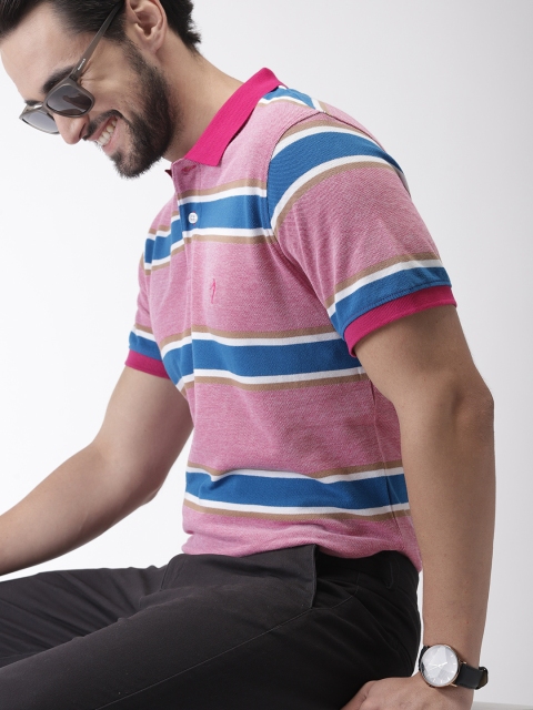 

Indian Terrain Men Fuchsia Pink & Blue Striped Polo Collar T-shirt