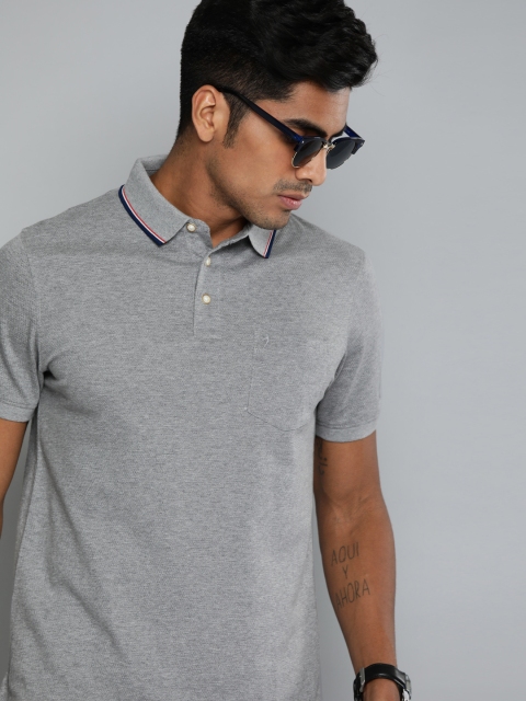 

Indian Terrain Men Grey Self Design Polo Collar Pure Cotton T-shirt