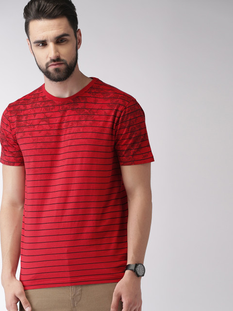 

Indian Terrain Men Red Black Striped Round Neck Pure Cotton T-shirt