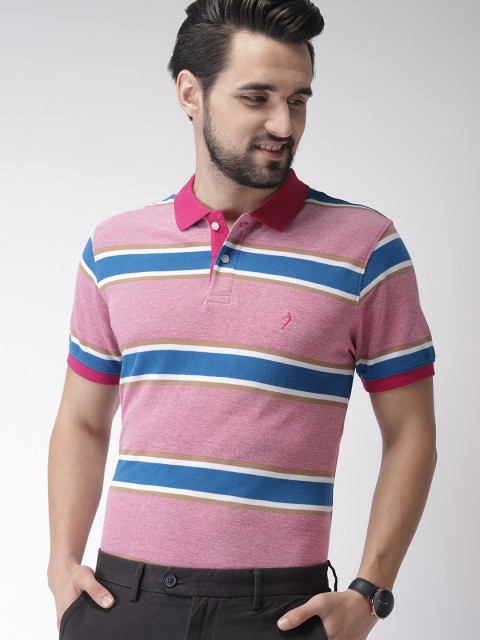 

Indian Terrain Men Pink & Blue Striped Polo Collar T-shirt