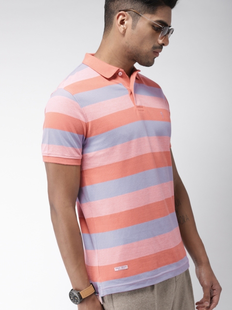 

Indian Terrain Men Peach-Coloured & Blue Striped Polo Collar T-shirt