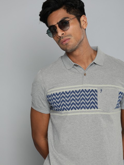 

Indian Terrain Men Grey & Blue Printed Polo Collar T-shirt