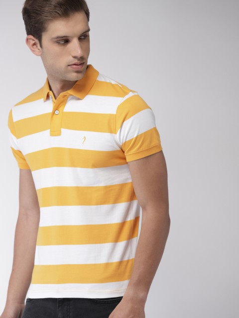 

Indian Terrain Men White & Yellow Striped Polo Collar T-shirt