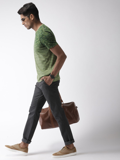 

Indian Terrain Men Olive Green Striped Round Neck T-shirt