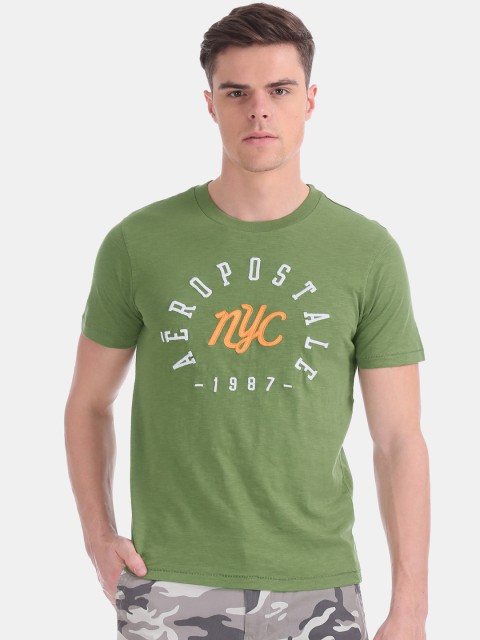 

Aeropostale Men Olive Green Brand Logo Print Round Neck Pure Cotton T-shirt