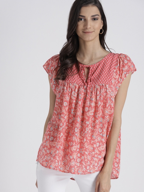

GAP Women Short Sleeve Floral Print Tie Neck Blouse, Coral